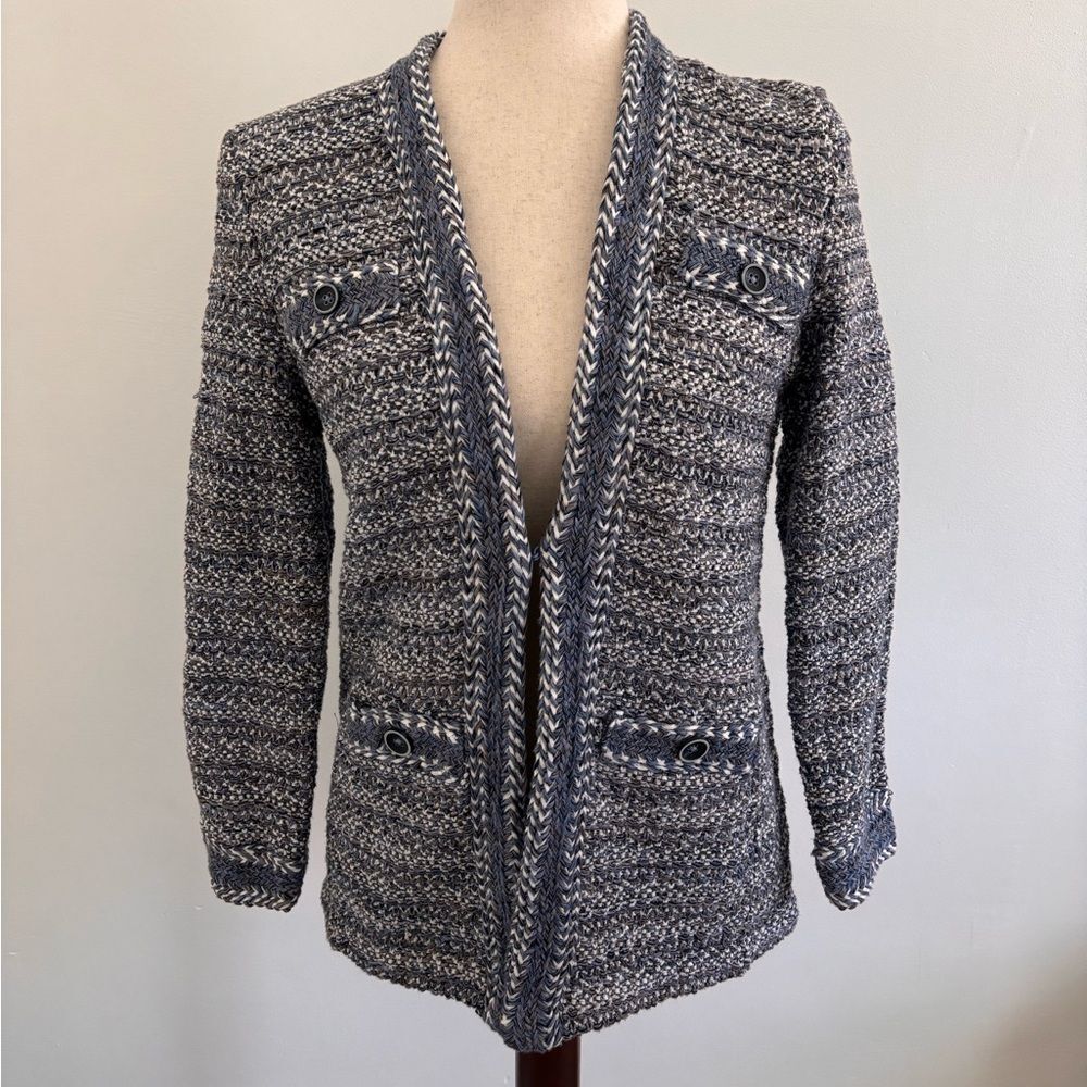 Chicos Tweedy Style Jacket Sweater Blazer Blues and Browns with White Small